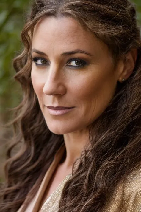 king costume , camp , dusk <lora:Orla_Brady:1> masterpiece, best quality, detailed face,, 1girl, solo, a mature o1873b, brown_eyes, realistic, brown_hair, long_hair, posing,