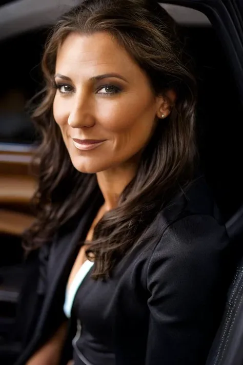 cheerleader costume , car interior , night <lora:Orla_Brady:1> masterpiece, best quality, detailed face,, 1girl, solo, a mature o1873b, brown_eyes, realistic, brown_hair, long_hair, posing,
