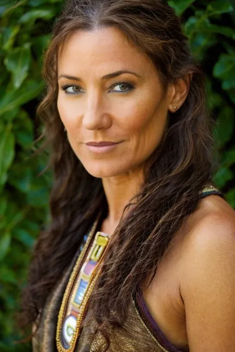 native american costume ,  island , dusk  <lora:Orla_Brady:1> masterpiece, best quality, detailed face,, 1girl, solo, a mature o1873b, brown_eyes, realistic, brown_hair, long_hair, posing,