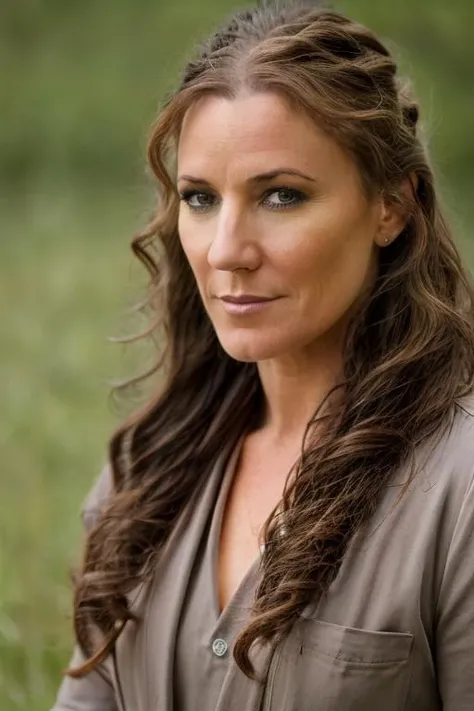 convict costume , meadow , day <lora:Orla_Brady:1> masterpiece, best quality, detailed face,, 1girl, solo, a mature o1873b, brown_eyes, realistic, brown_hair, long_hair, posing,