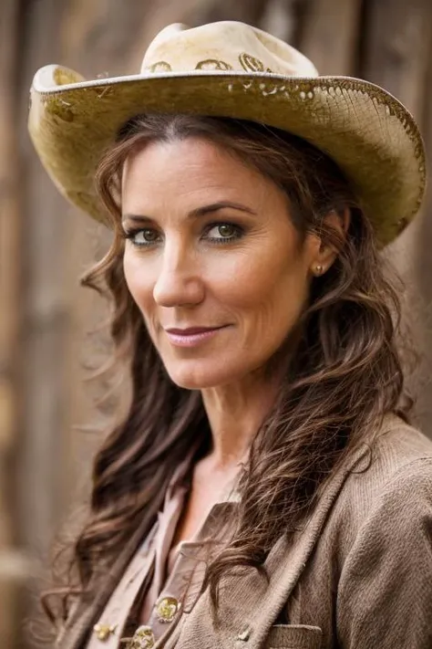 cowboy costume ,  hell , night  <lora:Orla_Brady:1> masterpiece, best quality, detailed face,, 1girl, solo, a mature o1873b, brown_eyes, realistic, brown_hair, long_hair, posing,