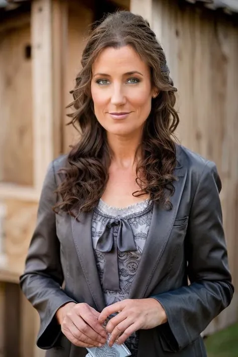 graduation costume , chicken coop , night <lora:Orla_Brady:1> masterpiece, best quality, detailed face,, 1girl, solo, a mature o1873b, brown_eyes, realistic, brown_hair, long_hair, posing,