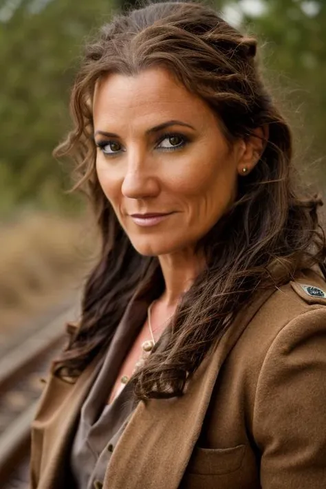 lion costume , railroad tracks , evening <lora:Orla_Brady:1> masterpiece, best quality, detailed face,, 1girl, solo, a mature o1873b, brown_eyes, realistic, brown_hair, long_hair, posing,
