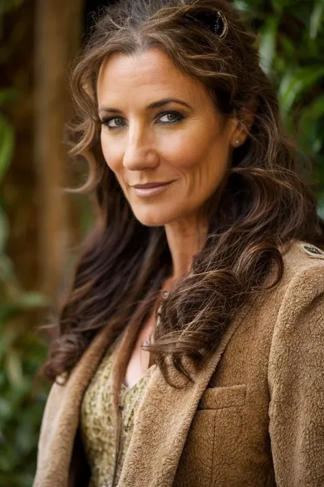 lion costume , oasis , night <lora:Orla_Brady:1> masterpiece, best quality, detailed face,, 1girl, solo, a mature o1873b, brown_eyes, realistic, brown_hair, long_hair, posing,