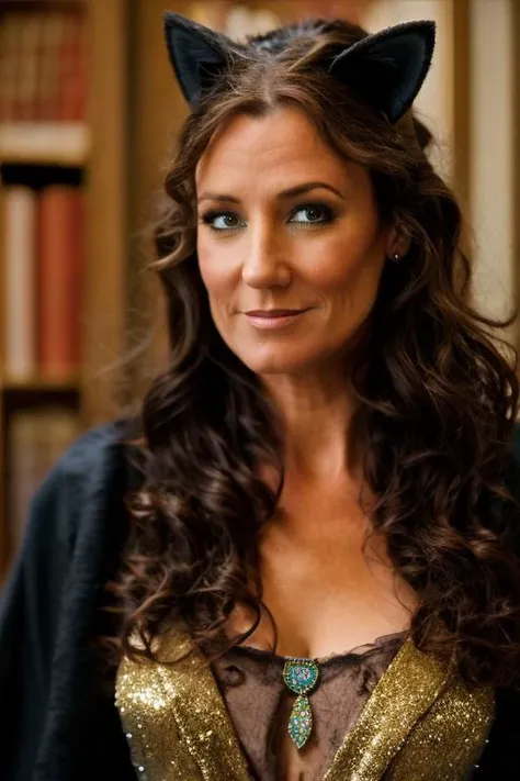 cat costume ,  haunted library , night  <lora:Orla_Brady:1> masterpiece, best quality, detailed face,, 1girl, solo, a mature o1873b, brown_eyes, realistic, brown_hair, long_hair, posing,