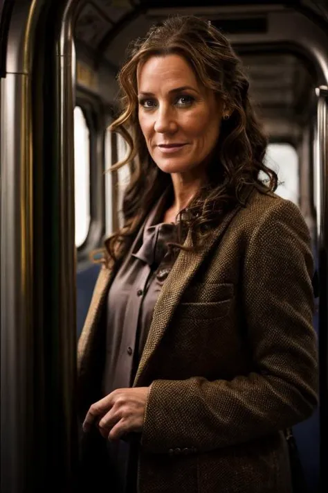 hag costume , train interior , night <lora:Orla_Brady:1> masterpiece, best quality, detailed face,, 1girl, solo, a mature o1873b, brown_eyes, realistic, brown_hair, long_hair, posing,
