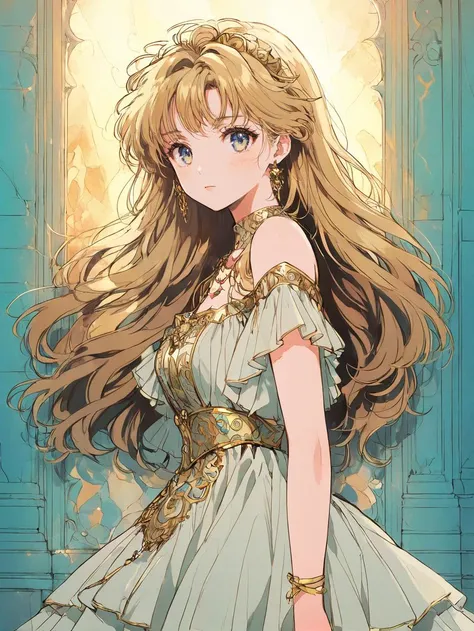 anime artwork of <lora:1990-2:1> a picture of an exquisite girl in a princess dress with delicate gold metal decorations, She stands there looking away, full body shot, dynamic angle, dynamic pose, anime style, key visual, vibrant, studio anime, highly detailed