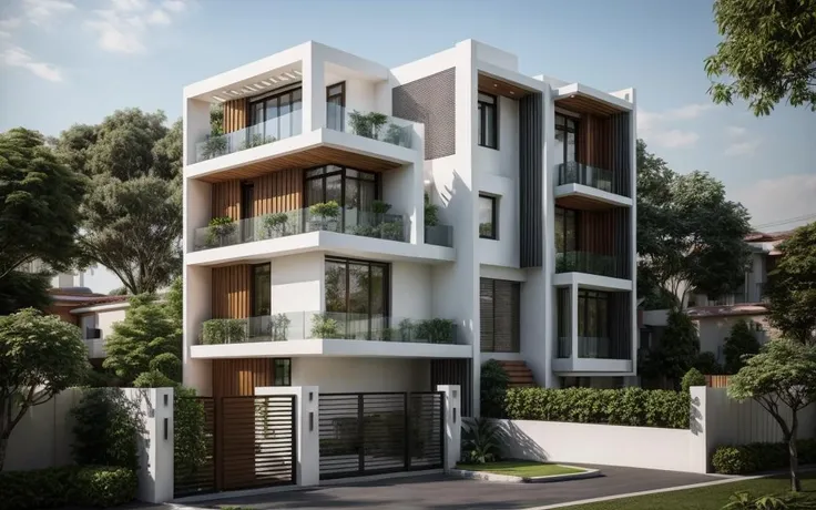 corner townhouse 2 modern style façade with balcony and trees on the balcony, (in front of the house with a fence) (main white wall) combined with some dark gray natural stone wall panels, 3D rendering of Ren Renfa, cg social trend, concept art, overall architectural design, realistic 3d style, super realistic style, architectural visualization, apartment design, accurate architectural rendering, high quality rendering, very realistic 3d rendering, residential, architectural rendering <lora:epi_noiseoffset2.pt:0.8> <lora:more_details:0.5> <lora:AIDVN_Townhouse:0.2>