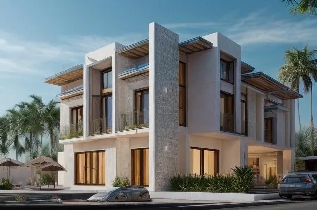 a close up of a house with a lot of windows and plants, a 3D render inspired by Max Buri, tumblr, modernism, inter dimensional villa, contemporary house, concept house, high quality rendering, exterior design, 3 d rendering, architectural visualization, ultra modern, 3/4 view, 3 / 4 view, 3/4 view from below, 3d rendering, Neoclassicism, Futurism, film grain, depth of field, high details, high quality, best quality, 8k, masterpiece <lora:epi_noiseoffset2.pt:0.8>  <lora:more_details:0.6>  <lora:Neoclassic_Biethu:0.2>