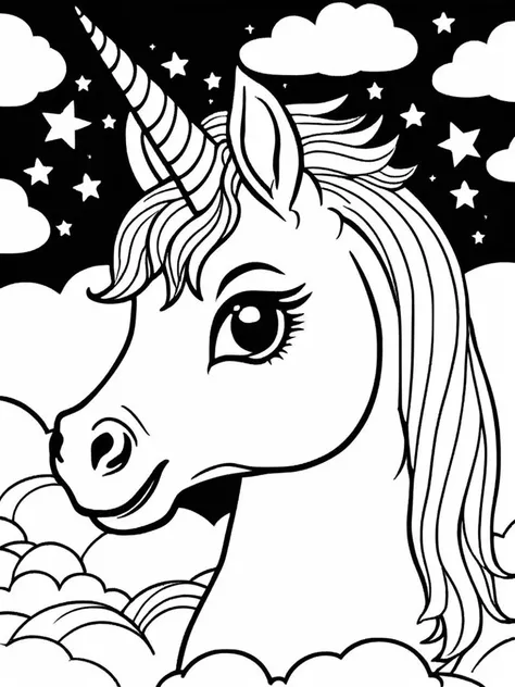 (black and white),ColoringBookAF,cute unicorn ,sky and clouds,rainbow, stars,colouring book,<lora:ColoringBookRedmond-ColoringBookAF:1>,