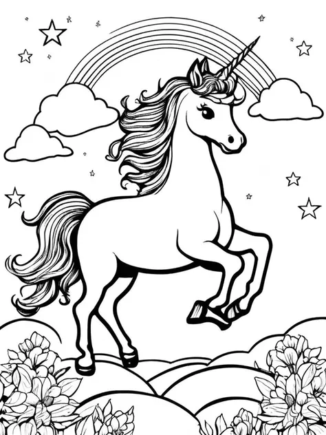 (black and white),ColoringBookAF,cute unicorn ,sky and clouds,rainbow, stars,colouring book,<lora:ColoringBookRedmond-ColoringBookAF:1>,