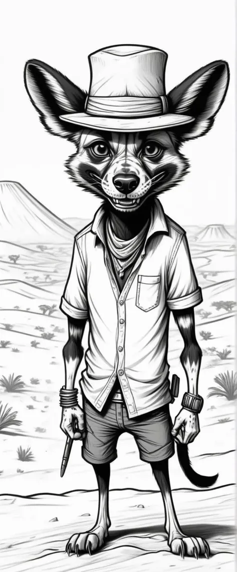 <lora:ColoringBookRedmond-ColoringBook-ColoringBookAF:1.0> (ColoringBookAF, Coloring Book, outlined pen drawing, black and white outline:1.3), [:(23-year-old Horror Punk (anthropomorphic African Wild Dog:1.4) wearing(Dark fedora hat with a band t-shirt):2], [(battle in a sandstorm in the desert, with visibility reduced and sand whipping around:1.3)], pixar, ColoringBookAF