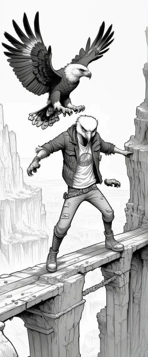 <lora:ColoringBookRedmond-ColoringBook-ColoringBookAF:1.0> (ColoringBookAF, Coloring Book, outlined pen drawing, black and white outline:1.3), [:(23-year-old Witch House (anthropomorphic Harpy Eagle:1.4) wearing(Ripped denim vest over a band tee):2], [(duel on a precarious ice bridge over a deep chasm, with combatants slipping and sliding while trading blows:1.3)], pixar, ColoringBookAF
