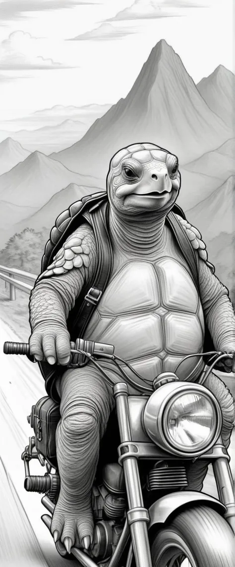 <lora:ColoringBookRedmond-ColoringBook-ColoringBookAF:1.0> (ColoringBookAF, Coloring Book, outlined pen drawing, black and white outline:1.3), [:(23-year-old Progressive Metal (anthropomorphic Galapagos Tortoise:1.4) wearing(Skull rings with a leather cuff bracelet):2], [(daring motorcycle chase through a narrow mountain pass with sheer drops on either side:1.3)], hanna barbera cartoon, ColoringBookAF