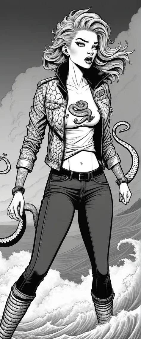 <lora:ColoringBookRedmond-ColoringBook-ColoringBookAF:1.0> (ColoringBookAF, Coloring Book, outlined pen drawing, black and white outline:1.3), [:(23-year-old Mystic Knightcore (anthropomorphic Bush Viper:1.4) wearing(Punk band patch jacket with skinny jeans):2], [(dramatic rescue operation in a raging sea storm, with characters battling towering waves and fierce winds:1.3)], anime, ColoringBookAF