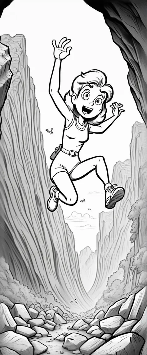 <lora:ColoringBookRedmond-ColoringBook-ColoringBookAF:1.0> ColoringBookAF, Coloring Book, outlined pen drawing, black and white outline, [:(23-year-old Acid Punk anthropomorphic Sun Parakeet wearing (Glittery tutu skirt with a pastel faux leather jacket):1.2):2], [(frantic escape from a collapsing underground cave, dodging falling rocks and leaping over chasms:1.3)], hanna barbera cartoon, cinematic, 4k, UHD