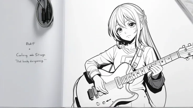 <lora:ColoringBookRedmond-ColoringBook-ColoringBookAF:1.0> (Coloring Book, ColoringBookAF, black and white, thick lines:1.3), [:(Cheerful 23-year-old Acid Punk girl wearing (Teddy bear print crop top with a circle skirt):1.2):2], [(Bending guitar strings dramatically:1.3)], anime, ColoringBookAF, B&W