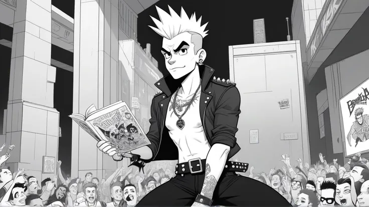 <lora:ColoringBookRedmond-ColoringBook-ColoringBookAF:1.0> (Coloring Book, ColoringBookAF, black and white, thick lines:1.3), [:(Cheerful 23-year-old Forest Magecore man wearing (Bold statement belt buckle with black trousers):2], [(Managing a punk rock music venue:1.3)], hanna barbera cartoon, ColoringBookAF, B&W