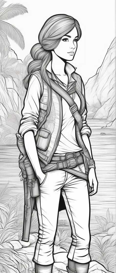 A beautiful sniper girl Standing with hands in pockets, lineart, monotone, B&W, Coloring Book, camouflaged in a Pirate Cove with Hidden Treasure UHD, 4k, cinematic, <lora:ColoringBookRedmond-ColoringBook-ColoringBookAF:1.0> Coloring Book, ColoringBookAF, thick lines