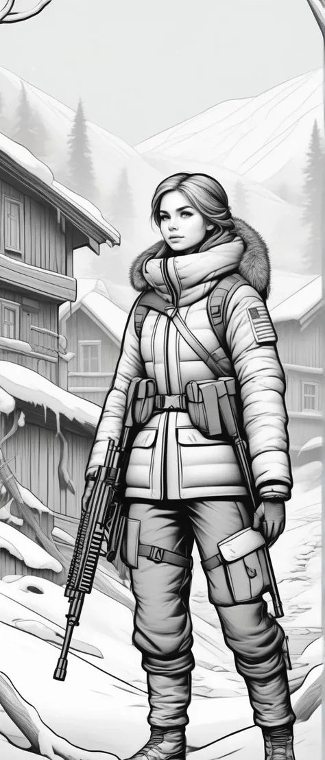 A beautiful sniper girl Standing with feet apart and hands clasped in front, lineart, monotone, B&W, Coloring Book, camouflaged in a Sleepy Snowy Village UHD, 4k, cinematic, <lora:ColoringBookRedmond-ColoringBook-ColoringBookAF:1.0> Coloring Book, ColoringBookAF, thick lines
