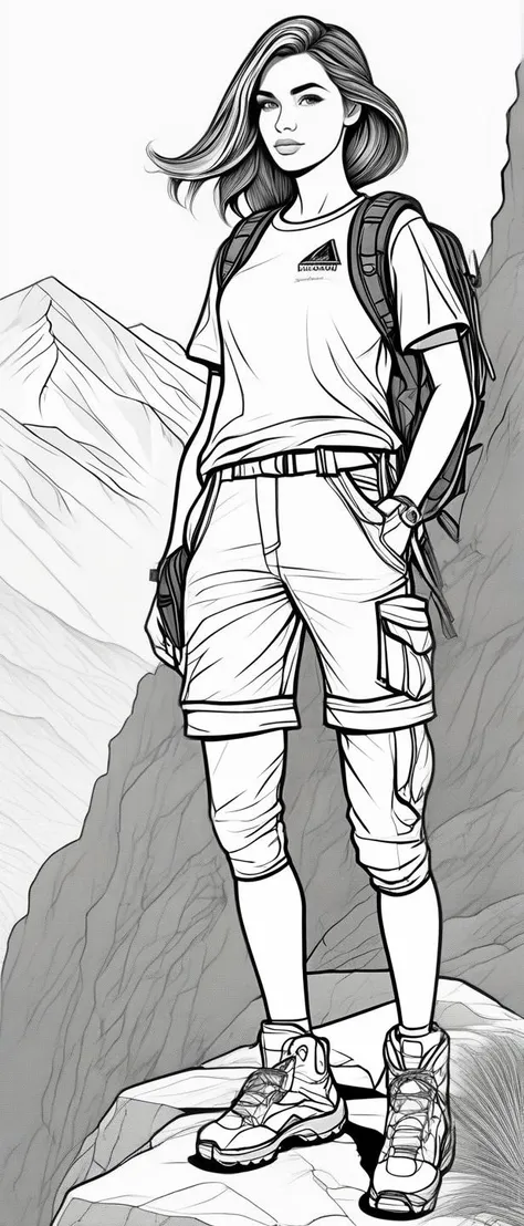 A beautiful sniper girl Standing with hands in pockets, lineart, monotone, B&W, Coloring Book, wearing Oversized t-shirt with printed biker shorts in a Breathtakingly Steep Himalayan Pass UHD, 4k, cinematic, <lora:ColoringBookRedmond-ColoringBook-ColoringBookAF:1.0> Coloring Book, ColoringBookAF, thick lines