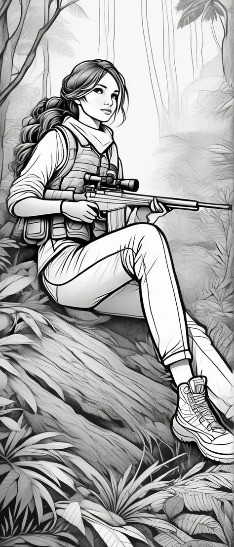 A beautiful sniper girl Kicking back with feet elevated, lineart, monotone, B&W, Coloring Book, wearing Ruffled hem tunic with leggings in a Lush Rainforest UHD, 4k, cinematic, <lora:ColoringBookRedmond-ColoringBook-ColoringBookAF:1.0> Coloring Book, ColoringBookAF, thick lines