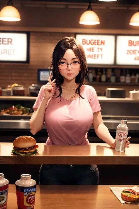 hurried middle-aged woman working the night shift at the burger bar. candid hdr smartphone photograph.