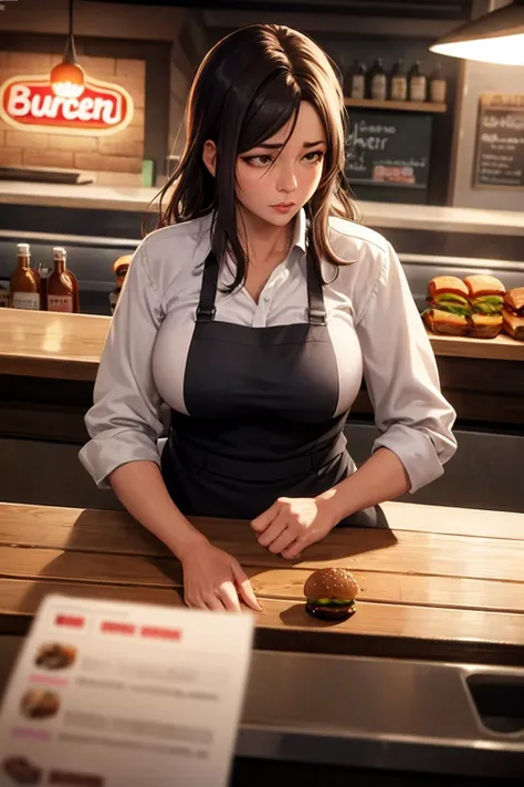 hurried middle-aged woman working the night shift at the burger bar. candid hdr smartphone photograph.