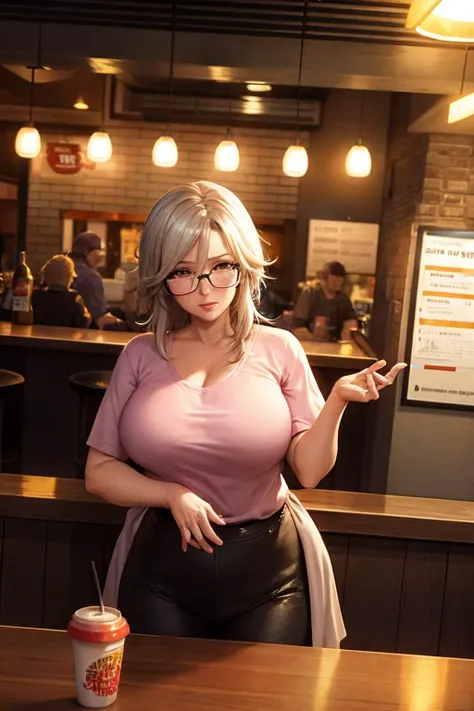 hurried middle-aged woman working the night shift at the burger bar. candid hdr smartphone photograph.
