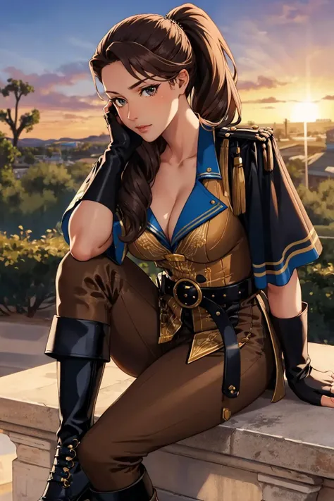 masterpiece, best quality, judith, ponytail, hair over shoulder, brown tunic, cleavage, fingerless gloves, belt, brown pants, high heel boots, sitting, desert, sun <lora:judith-nvwls-v2-000010:0.9>