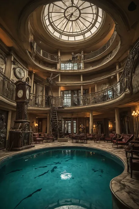 disturbing scene in a frightening horror world, frightening disturbing whimsical swimming pool in a multi-storey hotel lobby, grandfather clock, taxidermy, interior design, urban horror, deadly gothic style, mesmerizing,epic,concept art,illustrative,macabre, sharp focus, wide angle lens, scenic,  <lora:LCMTurboMix2fix:1>