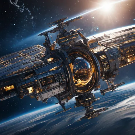 cinematic photo of (masterpiece, high resolution, detailed:1.2), a futuristic space station floating in the cosmos, intricate (metallic structures:1.2) reaching towards the stars, (glistening solar panels:1.1) reflecting the distant sun, (vast darkness:1.1) surrounding the station, (advanced technology:1.2) visible in every detail, (futuristic design:1.1) blending with the cosmic backdrop, a blend of (science fiction and reality:1.2) in this captivating space scene, <lora:LCMTurboMix_DPM_SDE_Karras:1>, 35mm photograph, film, bokeh, professional, 4k, highly detailed