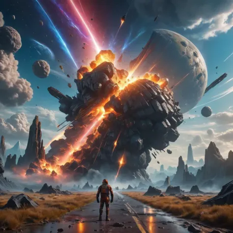 Massive asteroid the size of Jupiter colliding with a planet, catastrophic destruction, high detail, cinematic, hyper-realistic, dynamic lighting, epic concept art, created in Blender and Photoshop, 4k resolution, intense colors, spectacular cosmic event, by Alex Roman and Simon Stålenhag, atmospheric effects, digital matte painting , <lora:add-detail-xl:2> , <lora:RMSDXL_Enhance:3> , <lora:xl_yamer_style-3.0:1>, <lora:LCMTurboMix_DPM_SDE_Karras:1>
