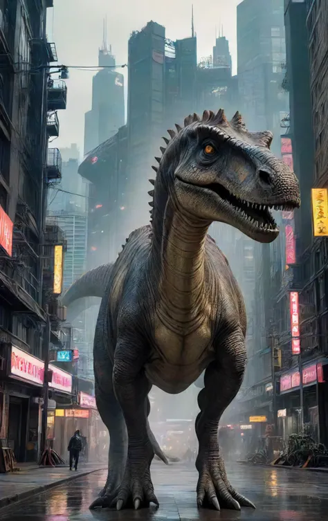<lora:LCMTurbo4:1>, ((Wide Shot of Muttaburrasaurus)) , ((look away from the camera)), cyberpunk city as background