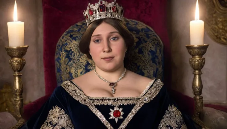 Majestic Portrait Photo of Queen Victoria I, seated on her throne in Buckingham Palace, adorned in royal regalia, illuminated by the soft glow of candlelight, captured from a dignified frontal angle, epitomizing Victorian-era grace and sovereignty . 35mm photograph, film, bokeh, professional, shot by joel meyerowitz, 4k, highly detailed<lora:LCMTurboMix_DPM_SDE_Karras:1>