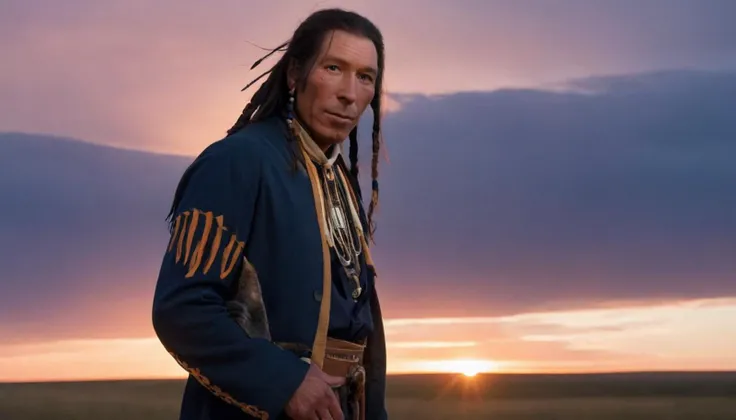 Reverent Full Body Portrait Photo of Chief Poundmaker standing tall amidst the vast Canadian prairies, his figure silhouetted against the endless horizon, illuminated by the soft hues of a prairie sunset, captured from a respectful frontal angle, resonating with strength and connection to the land . 35mm photograph, film, bokeh, professional, shot by jamie hawkesworth, 4k, highly detailed<lora:LCMTurboMix_DPM_SDE_Karras:1>