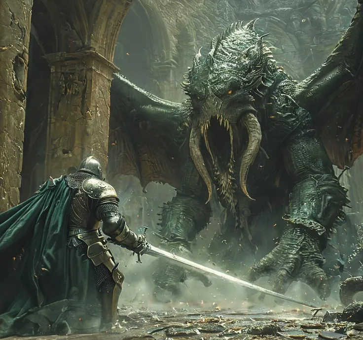 cinematic still A bizarre clash between a knight and the eldritch horror, Cthulhu, within the confines of a medieval monastery. The monstrous Cthulhu, its massive, tentacled body writhing and twisting, dominates the scene, its massive, bat-like wings stretching to the ceiling as it towers over the knight. The knight, clad in gleaming armor and wielding a sword and shield, stands resolutely before the creature, his steely gaze fixed on its bulbous, alien eyes. The monastery's stone walls are stained with the ooze and mucus that drips from Cthulhu's form, and a sense of dread and otherworldly terror hangs heavily in the air. Sconces along the walls flicker dimly, casting eerie shadows across the floor as the two titanic forces engage in a savage battle for dominance. The knight, displaying incredible agility and skill, manages to land several blows on the creature, while Cthulhu responds with powerful tentacle strikes that send debris flying through the air and shattering statues of saints that line the walls. The two combatants are locked in a seemingly endless struggle, their grim determination and supernatural power making it impossible to predict the outcome of this epic battle for the fate of the monastery and perhaps the world itself.(masterpiece, high resolution, detailed:1.3), Bosstyle, hkstyle, HD, best quality, hyper detailed, ultra detailed, super realistic, 35mm photograph, film, bokeh, professional, 4k, highly detailed, film, bokeh, professional, 4k, highly detailed . emotional, harmonious, vignette, 4k epic detailed, shot on kodak, 35mm photo, sharp focus, high budget, cinemascope, moody, epic, gorgeous, film grain, grainy, photograph A bizarre clash between a knight and the eldritch horror, Cthulhu, within the confines of a medieval monastery. The monstrous Cthulhu, its massive, tentacled body writhing and twisting, dominates the scene, its massive, bat-like wings stretching to the ceiling as it towers over the knight. The knight, clad in gleaming armor and wielding a sword and shield, stands resolutely before the creature, his steely gaze fixed on its bulbous, alien eyes. The monastery's stone walls are stained with the ooze and mucus that drips from Cthulhu's form, and a sense of dread and otherworldly terror hangs heavily in the air. Sconces along the walls flicker dimly, casting eerie shadows across the floor as the two titanic forces engage in a savage battle for dominance. The knight, displaying incredible agility and skill, manages to land several blows on the creature, while Cthulhu responds with powerful tentacle strikes that send debris flying through the air and shattering statues of saints that line the walls. The two combatants are locked in a seemingly endless struggle, their grim determination and supernatural power making it impossible to predict the outcome of this epic battle for the fate of the monastery and perhaps the world itself.(masterpiece, high resolution, detailed:1.3), Bosstyle, hkstyle, HD, best quality, hyper detailed, ultra detailed, super realistic, 35mm photograph, film, bokeh, professional, 4k, highly detailed, film, bokeh, professional, 4k, highly detailed, 50mm . cinematic 4k epic detailed 4k epic detailed photograph shot on kodak detailed cinematic hbo dark moody, 35mm photo, grainy, vignette, vintage, Kodachrome, Lomography, stained, highly detailed, found footage, A bizarre clash between a knight and the eldritch horror, Cthulhu, within the confines of a medieval monastery. The monstrous Cthulhu, its massive, tentacled body writhing and twisting, dominates the scene, its massive, bat-like wings stretching to the ceiling as it towers over the knight. The knight, clad in gleaming armor and wielding a sword and shield, stands resolutely before the creature, his steely gaze fixed on its bulbous, alien eyes. The monastery's stone walls are stained with the ooze and mucus that drips from Cthulhu's form, and a sense of dread and otherworldly terror hangs heavily in the air. Sconces along the walls flicker dimly, casting eerie shadows across the floor as the two titanic forces engage in a savage battle for dominance. The knight, displaying incredible agility and skill, manages to land several blows on the creature, while Cthulhu responds with powerful tentacle strikes that send debris flying through the air and shattering statues of saints that line the walls. The two combatants are locked in a seemingly endless struggle, their grim determination and supernatural power making it impossible to predict the outcome of this epic battle for the fate of the monastery and perhaps the world itself.(masterpiece, high resolution, detailed:1.3), Bosstyle, hkstyle, HD, best quality, hyper detailed, ultra detailed, super realistic, 35mm photograph, film, bokeh, professional, 4k, highly detailed, film, bokeh, professional, 4k, highly detailed, breathtaking artistic, beautiful cinematic magical atmosphere, stunning, intricate detail, rich bright colors, ambient background, dynamic dramatic scenic full light, perfect balance, calm, sharp focus, great composition, very inspirational, innocent, deep aesthetic, appealing, excellent, emotional, shiny, lovely, gorgeous, fascinating, spiritual, complex