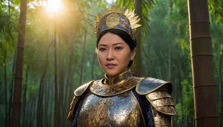 Legendary Full Body Portrait Photo of Bà Triá»u, the revered warrior queen of ancient Vietnam, standing tall in traditional armor amidst a bamboo forest, illuminated by the golden light of sunrise, captured from a resolute frontal angle, epitomizing courage and defiance in the face of adversity . 35mm photograph, film, bokeh, professional, shot by richard renaldi, 4k, highly detailed<lora:LCMTurboMix_DPM_SDE_Karras:1>