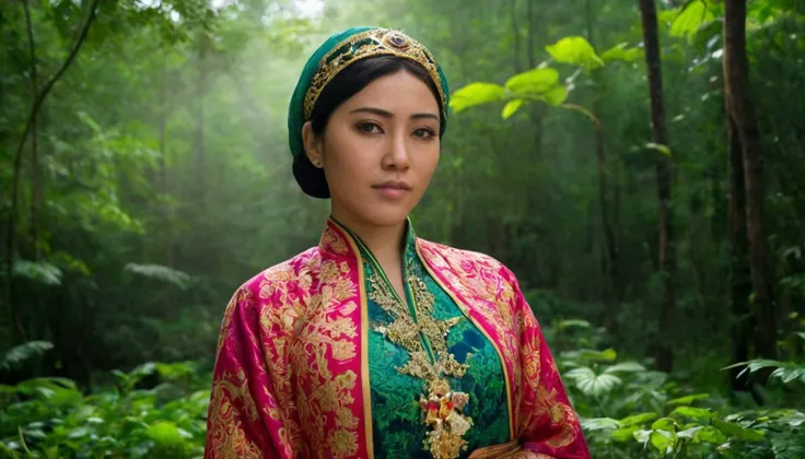 Majestic Full Body Portrait Photo of Bà Triá»u, adorned in vibrant attire symbolizing bravery and resilience, standing amidst a verdant forest, illuminated by the soft glow of morning sunlight, captured from a regal frontal angle, embodying the spirit of Vietnamese heroism and determination . 35mm photograph, film, bokeh, professional, shot by shirin neshat, 4k, highly detailed<lora:LCMTurboMix_DPM_SDE_Karras:1>