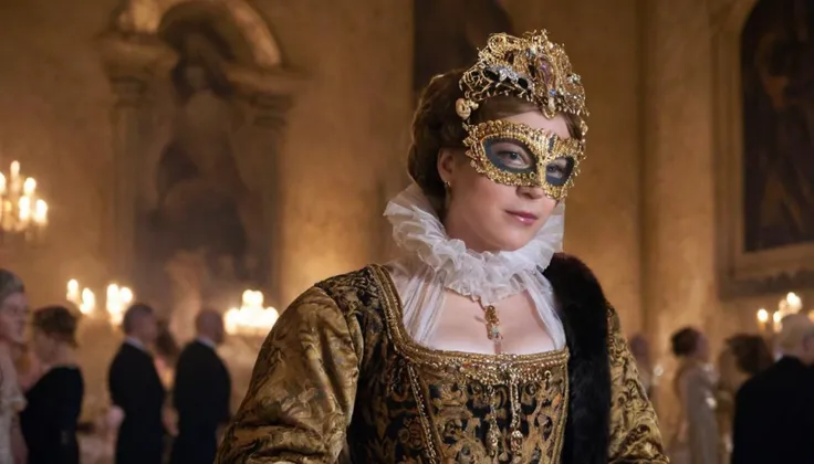 Enigmatic Full Body Portrait Photo of Catherine de Medici, the Renaissance queen, at a lavish masked ball in the opulent halls of the Louvre, adorned in exquisite Renaissance attire, illuminated by the flickering glow of candlelight, captured from a mysterious frontal angle, embodying intrigue and elegance amidst the festivities . 35mm photograph, film, bokeh, professional, shot by john rankin waddell, 4k, highly detailed<lora:LCMTurboMix_DPM_SDE_Karras:1>