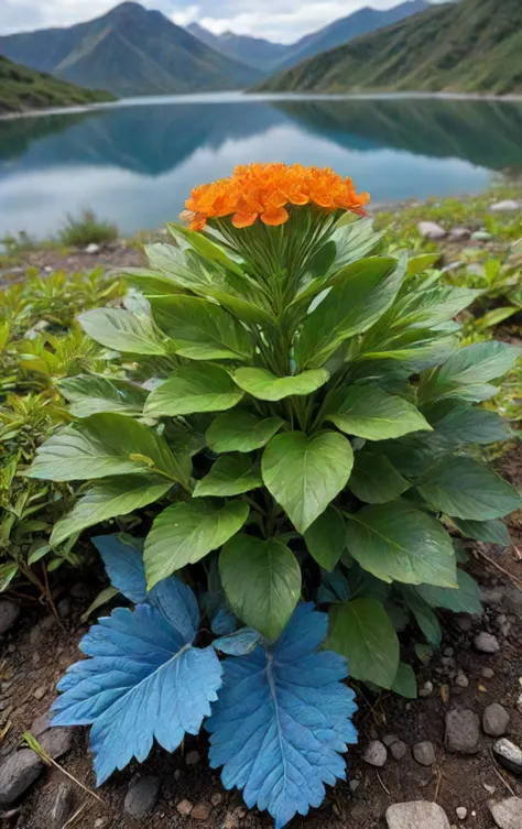 <lora:LCMTurbo4:1>, An Extreme Wide Shot of dwarf tangerine mat-forming obovate plant, triangular linear leaf, dichotomous venation, tufted-rosette, toothed leaf margin, vibrant umbel zygomorphic flower, discoid, cerulean blue starchy seeds, rugged, , in background lake