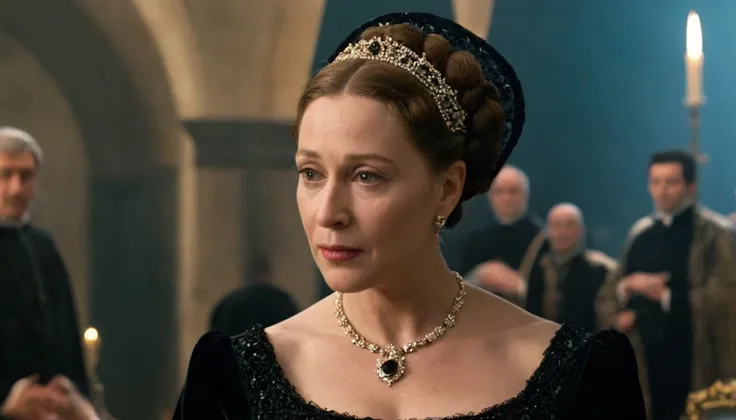 cinematic film still As Queen Mother of France, Catherine de' Medici is adorned in a stately black gown that befits her somber yet dignified role. The dress, tailored with intricate lace or velvet accents, exudes regal sophistication, reflecting her authority and influence within the royal court. Her presence commands attention, accentuated by the subtle shimmer of jewels adorning her neckline and wrists, while her expression, both resolute and composed, hints at the depth of her political astuteness and maternal strength amidst the complexities of Renaissance France. . shallow depth of field, vignette, highly detailed, high budget Hollywood movie by david o. russell, bokeh, cinemascope, moody, epic, gorgeous, film grain, grainy<lora:LCMTurboMix_DPM_SDE_Karras:1>