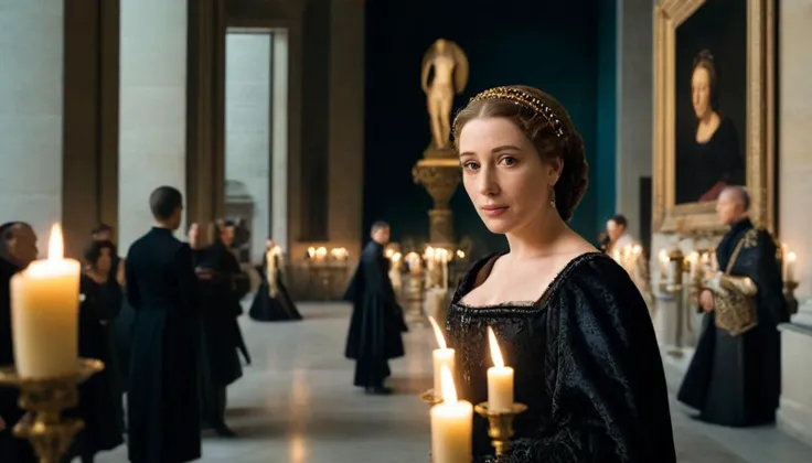 Regal Portrait Photo of Catherine de Medici draped in a sumptuous black gown, standing in the opulent halls of the Louvre, illuminated by the soft glow of candlelight, captured from a commanding frontal angle, exuding elegance and authority amidst the royal court . 35mm photograph, film, bokeh, professional, shot by danny clinch, 4k, highly detailed<lora:LCMTurboMix_DPM_SDE_Karras:1>