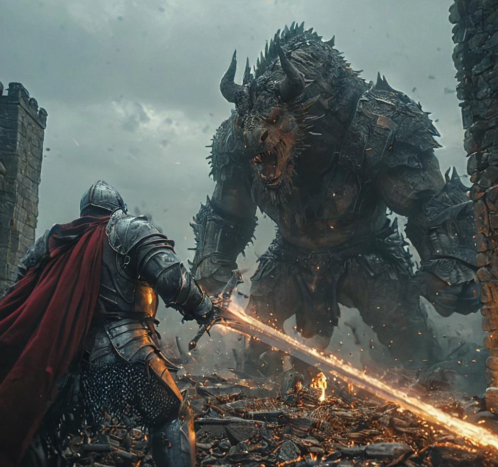 cinematic still A breathtaking battle scene unfolding in the ruins of a crumbling castle. A valiant knight, clad in shining armor and wielding a mighty sword, stands firmly against a ferocious minotaur. The minotaur, a formidable beast with the head of a bull and the body of a man, charges towards the knight, its sharp horns gleaming in the sunlight. The ground beneath them is littered with debris from the collapsed walls and towers, adding an element of peril to the already intense confrontation. The sky above is cloudy, casting an ominous shadow over the scene, as if foreshadowing the impending doom that awaits one of the combatants. The knight, displaying incredible agility and skill, manages to dodge the minotaur's attacks, countering with swift and precise strikes of his own. Their weapons clash loudly as they engage in a fierce struggle for dominance. In the distance, the remaining walls of the castle loom ominously, a testament to the power and might that once ruled this now-desolate domain., (masterpiece, high resolution, detailed:1.3), Bosstyle, hkstyle, HD, best quality, hyper detailed, ultra detailed, super realistic, 35mm photograph, film, bokeh, professional, 4k, highly detailed , 35mm photograph, film, bokeh, professional, 4k, highly detailed . emotional, harmonious, vignette, 4k epic detailed, shot on kodak, 35mm photo, sharp focus, high budget, cinemascope, moody, epic, gorgeous, film grain, grainy, photograph A breathtaking battle scene unfolding in the ruins of a crumbling castle. A valiant knight, clad in shining armor and wielding a mighty sword, stands firmly against a ferocious minotaur. The minotaur, a formidable beast with the head of a bull and the body of a man, charges towards the knight, its sharp horns gleaming in the sunlight. The ground beneath them is littered with debris from the collapsed walls and towers, adding an element of peril to the already intense confrontation. The sky above is cloudy, casting an ominous shadow over the scene, as if foreshadowing the impending doom that awaits one of the combatants. The knight, displaying incredible agility and skill, manages to dodge the minotaur's attacks, countering with swift and precise strikes of his own. Their weapons clash loudly as they engage in a fierce struggle for dominance. In the distance, the remaining walls of the castle loom ominously, a testament to the power and might that once ruled this now-desolate domain., (masterpiece, high resolution, detailed:1.3), Bosstyle, hkstyle, HD, best quality, hyper detailed, ultra detailed, super realistic, 35mm photograph, film, bokeh, professional, 4k, highly detailed , 35mm photograph, film, bokeh, professional, 4k, highly detailed, 50mm . cinematic 4k epic detailed 4k epic detailed photograph shot on kodak detailed cinematic hbo dark moody, 35mm photo, grainy, vignette, vintage, Kodachrome, Lomography, stained, highly detailed, found footage, A breathtaking battle scene unfolding in the ruins of a crumbling castle. A valiant knight, clad in shining armor and wielding a mighty sword, stands firmly against a ferocious minotaur. The minotaur, a formidable beast with the head of a bull and the body of a man, charges towards the knight, its sharp horns gleaming in the sunlight. The ground beneath them is littered with debris from the collapsed walls and towers, adding an element of peril to the already intense confrontation. The sky above is cloudy, casting an ominous shadow over the scene, as if foreshadowing the impending doom that awaits one of the combatants. The knight, displaying incredible agility and skill, manages to dodge the minotaur's attacks, countering with swift and precise strikes of his own. Their weapons clash loudly as they engage in a fierce struggle for dominance. In the distance, the remaining walls of the castle loom ominously, a testament to the power and might that once ruled this now-desolate domain., (masterpiece, high resolution, detailed:1.3), Bosstyle, hkstyle, HD, best quality, hyper detailed, ultra detailed, super realistic, 35mm photograph, film, bokeh, professional, 4k, highly detailed, 35mm photograph, film, bokeh, professional, 4k, highly detailed, exquisite detail, cool color, cinematic, epic light, dynamic dramatic ambient, artistic, positive emotional, pure aesthetic, glowing rich colors, beautiful fine atmosphere, perfect