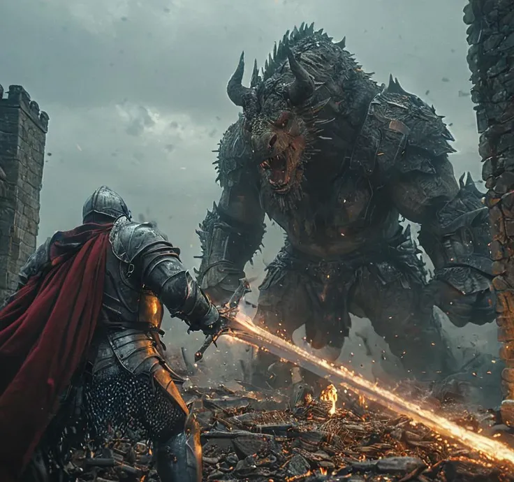 cinematic still A breathtaking battle scene unfolding in the ruins of a crumbling castle. A valiant knight, clad in shining armor and wielding a mighty sword, stands firmly against a ferocious minotaur. The minotaur, a formidable beast with the head of a bull and the body of a man, charges towards the knight, its sharp horns gleaming in the sunlight. The ground beneath them is littered with debris from the collapsed walls and towers, adding an element of peril to the already intense confrontation. The sky above is cloudy, casting an ominous shadow over the scene, as if foreshadowing the impending doom that awaits one of the combatants. The knight, displaying incredible agility and skill, manages to dodge the minotaur's attacks, countering with swift and precise strikes of his own. Their weapons clash loudly as they engage in a fierce struggle for dominance. In the distance, the remaining walls of the castle loom ominously, a testament to the power and might that once ruled this now-desolate domain., (masterpiece, high resolution, detailed:1.3), Bosstyle, hkstyle, HD, best quality, hyper detailed, ultra detailed, super realistic, 35mm photograph, film, bokeh, professional, 4k, highly detailed , 35mm photograph, film, bokeh, professional, 4k, highly detailed . emotional, harmonious, vignette, 4k epic detailed, shot on kodak, 35mm photo, sharp focus, high budget, cinemascope, moody, epic, gorgeous, film grain, grainy, photograph A breathtaking battle scene unfolding in the ruins of a crumbling castle. A valiant knight, clad in shining armor and wielding a mighty sword, stands firmly against a ferocious minotaur. The minotaur, a formidable beast with the head of a bull and the body of a man, charges towards the knight, its sharp horns gleaming in the sunlight. The ground beneath them is littered with debris from the collapsed walls and towers, adding an element of peril to the already intense confrontation. The sky above is cloudy, casting an ominous shadow over the scene, as if foreshadowing the impending doom that awaits one of the combatants. The knight, displaying incredible agility and skill, manages to dodge the minotaur's attacks, countering with swift and precise strikes of his own. Their weapons clash loudly as they engage in a fierce struggle for dominance. In the distance, the remaining walls of the castle loom ominously, a testament to the power and might that once ruled this now-desolate domain., (masterpiece, high resolution, detailed:1.3), Bosstyle, hkstyle, HD, best quality, hyper detailed, ultra detailed, super realistic, 35mm photograph, film, bokeh, professional, 4k, highly detailed , 35mm photograph, film, bokeh, professional, 4k, highly detailed, 50mm . cinematic 4k epic detailed 4k epic detailed photograph shot on kodak detailed cinematic hbo dark moody, 35mm photo, grainy, vignette, vintage, Kodachrome, Lomography, stained, highly detailed, found footage, A breathtaking battle scene unfolding in the ruins of a crumbling castle. A valiant knight, clad in shining armor and wielding a mighty sword, stands firmly against a ferocious minotaur. The minotaur, a formidable beast with the head of a bull and the body of a man, charges towards the knight, its sharp horns gleaming in the sunlight. The ground beneath them is littered with debris from the collapsed walls and towers, adding an element of peril to the already intense confrontation. The sky above is cloudy, casting an ominous shadow over the scene, as if foreshadowing the impending doom that awaits one of the combatants. The knight, displaying incredible agility and skill, manages to dodge the minotaur's attacks, countering with swift and precise strikes of his own. Their weapons clash loudly as they engage in a fierce struggle for dominance. In the distance, the remaining walls of the castle loom ominously, a testament to the power and might that once ruled this now-desolate domain., (masterpiece, high resolution, detailed:1.3), Bosstyle, hkstyle, HD, best quality, hyper detailed, ultra detailed, super realistic, 35mm photograph, film, bokeh, professional, 4k, highly detailed, 35mm photograph, film, bokeh, professional, 4k, highly detailed, exquisite detail, cool color, cinematic, epic light, dynamic dramatic ambient, artistic, positive emotional, pure aesthetic, glowing rich colors, beautiful fine atmosphere, perfect