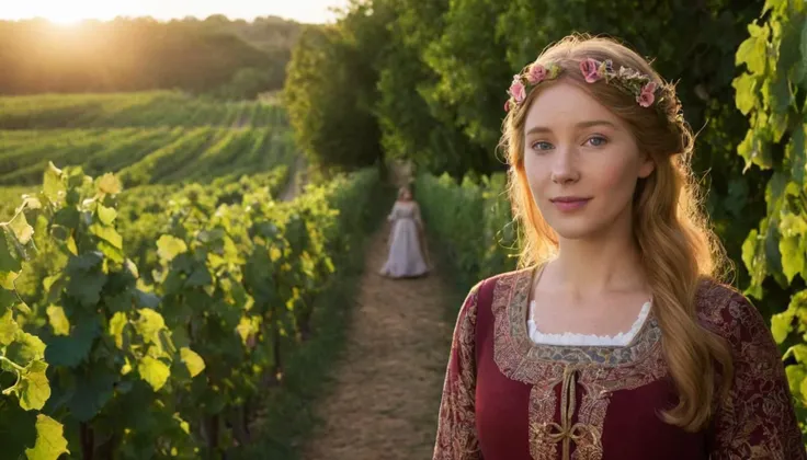 Noble Full Body Portrait Photo of Eleanor of Aquitaine standing amidst lush vineyards, her regal figure framed by rows of verdant vines, illuminated by the golden light of sunset, captured from a dignified frontal angle, exuding elegance and sovereignty amidst her cherished domain . 35mm photograph, film, bokeh, professional, shot by brian duffy, 4k, highly detailed<lora:LCMTurboMix_DPM_SDE_Karras:1>