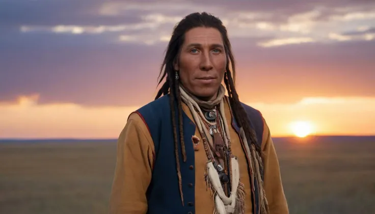 Reverent Full Body Portrait Photo of Chief Poundmaker standing tall amidst the vast Canadian prairies, his figure silhouetted against the endless horizon, illuminated by the soft hues of a prairie sunset, captured from a respectful frontal angle, resonating with strength and connection to the land . 35mm photograph, film, bokeh, professional, shot by richard avedon, 4k, highly detailed<lora:LCMTurboMix_DPM_SDE_Karras:1>