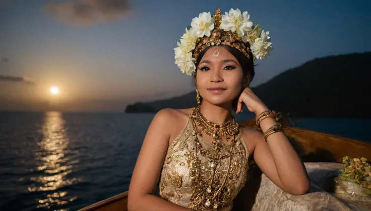 Mythical Full Body Portrait Photo of Dyah Gitarja aboard her Javanese ship, wearing a flower and a majestic crown in her hair, enveloped by the mystical aura of the sea and ancient maritime spirits, bathed in the ethereal light of moonrise, photographed from a mystical and reverent angle . 35mm photograph, film, bokeh, professional, shot by doug dubois, 4k, highly detailed<lora:LCMTurboMix_DPM_SDE_Karras:1>