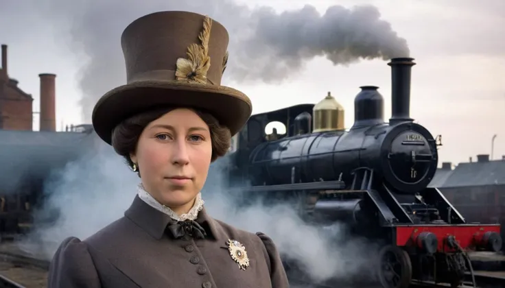 Regal Full Body Portrait Photo of Queen Victoria I during the steam age, standing in front of steam-powered factories and railways of Victorian England, with billowing smokestacks and chugging locomotives . 35mm photograph, film, bokeh, professional, shot by diane arbus, 4k, highly detailed<lora:LCMTurboMix_DPM_SDE_Karras:1>