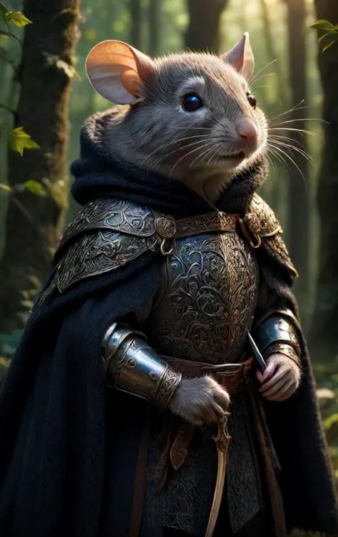 <lora:LCMTurbo4:1>, highly detailed portrait of a wise old mouse warrior (intricate armor:1.4) in a dark woolen cloak with a shining sword, (fur:1.4),deep dark forest background, (shallow depth of field:1.4), foliage, global illumination, radiant light, detailed and intricate environment